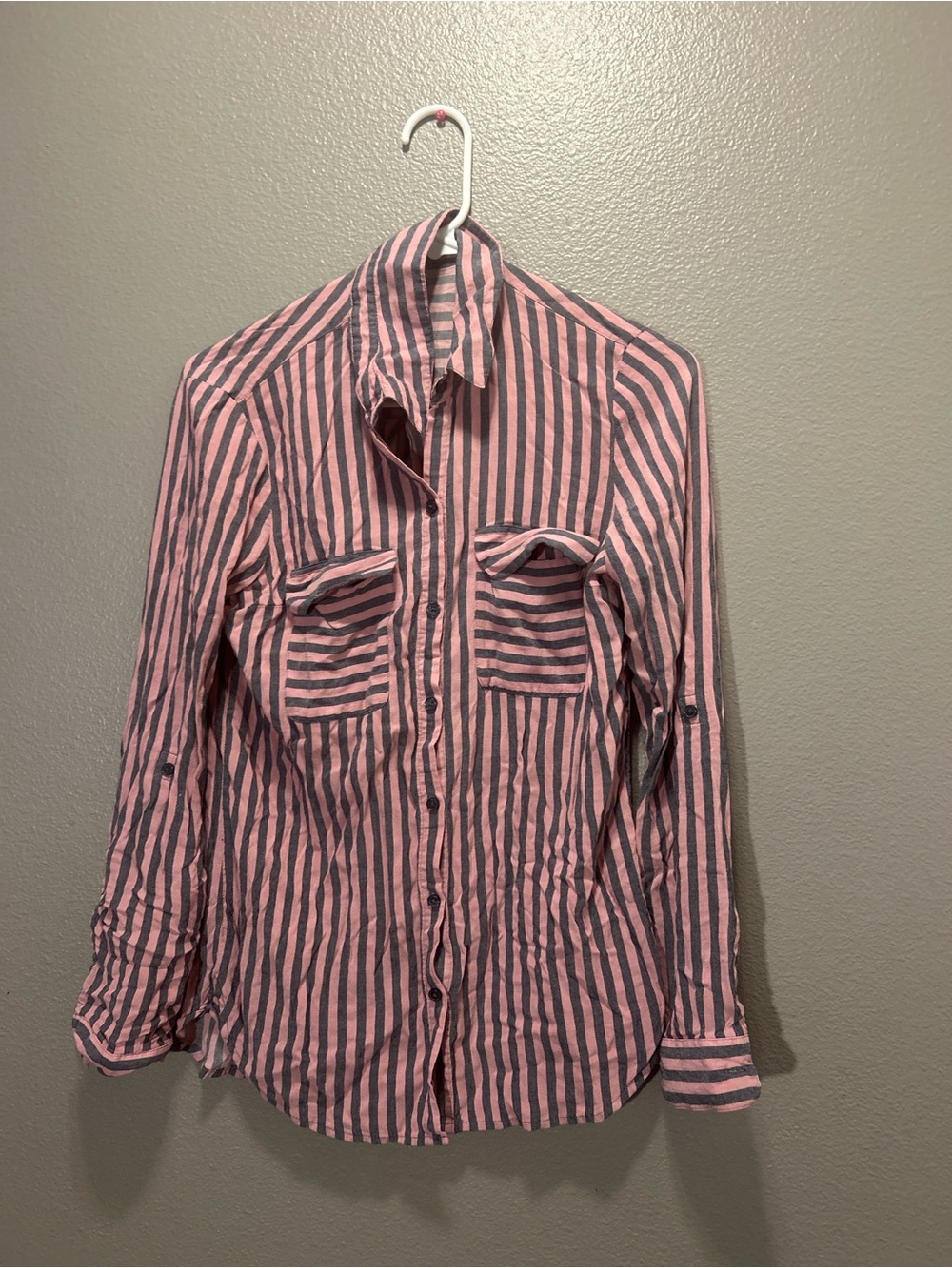Express "The City Shirt" Women’s S Blouse Pink Gray Striped Career Roll Tab